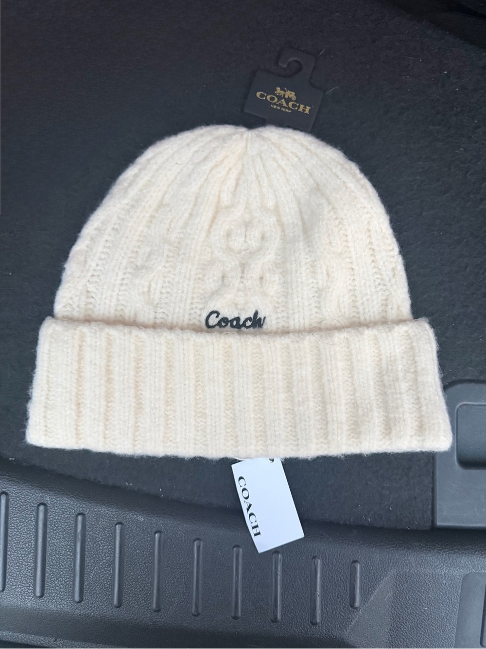 Coach  Cable Knit Beanie Hat in Chalk